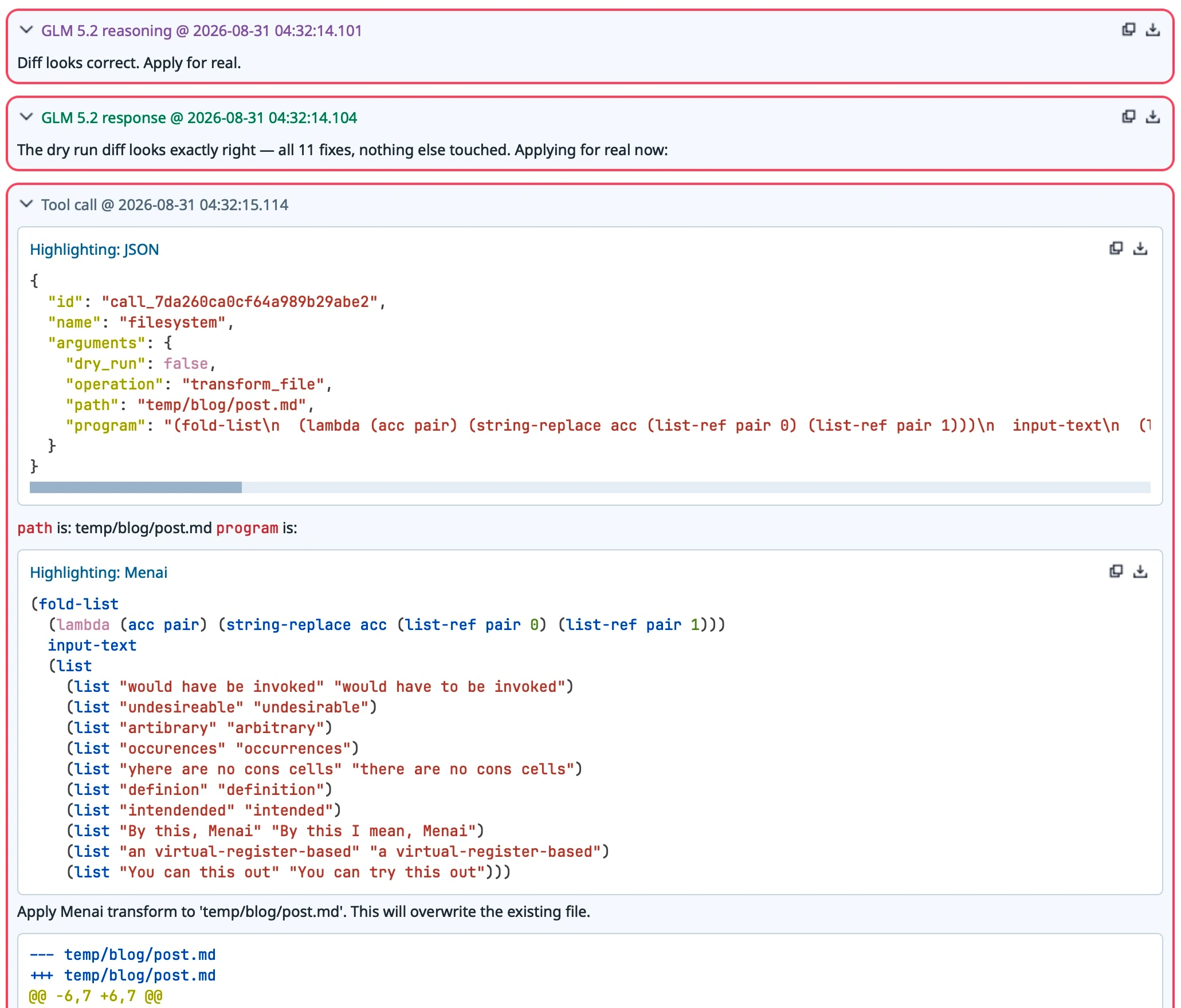 A screenshot of GLM fixing typos using Menai